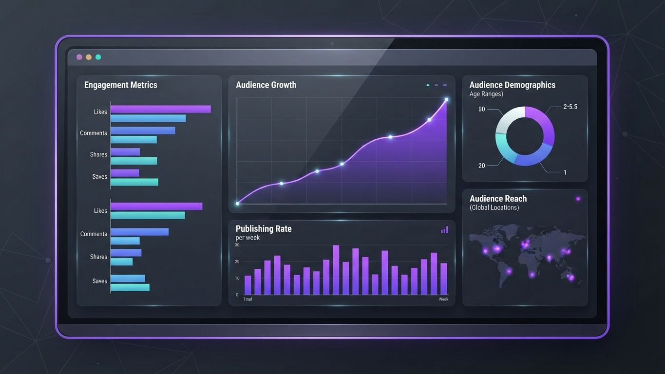 KI-Dashboard zeigt Analyse für automatisierte Content-Planung und beste Postingzeiten