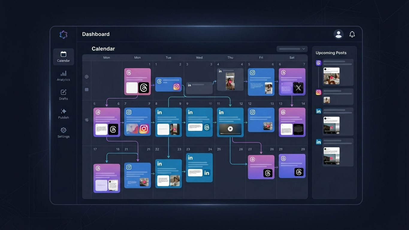 Multichannel social media planning met Threads geïntegreerd naast Instagram en LinkedIn