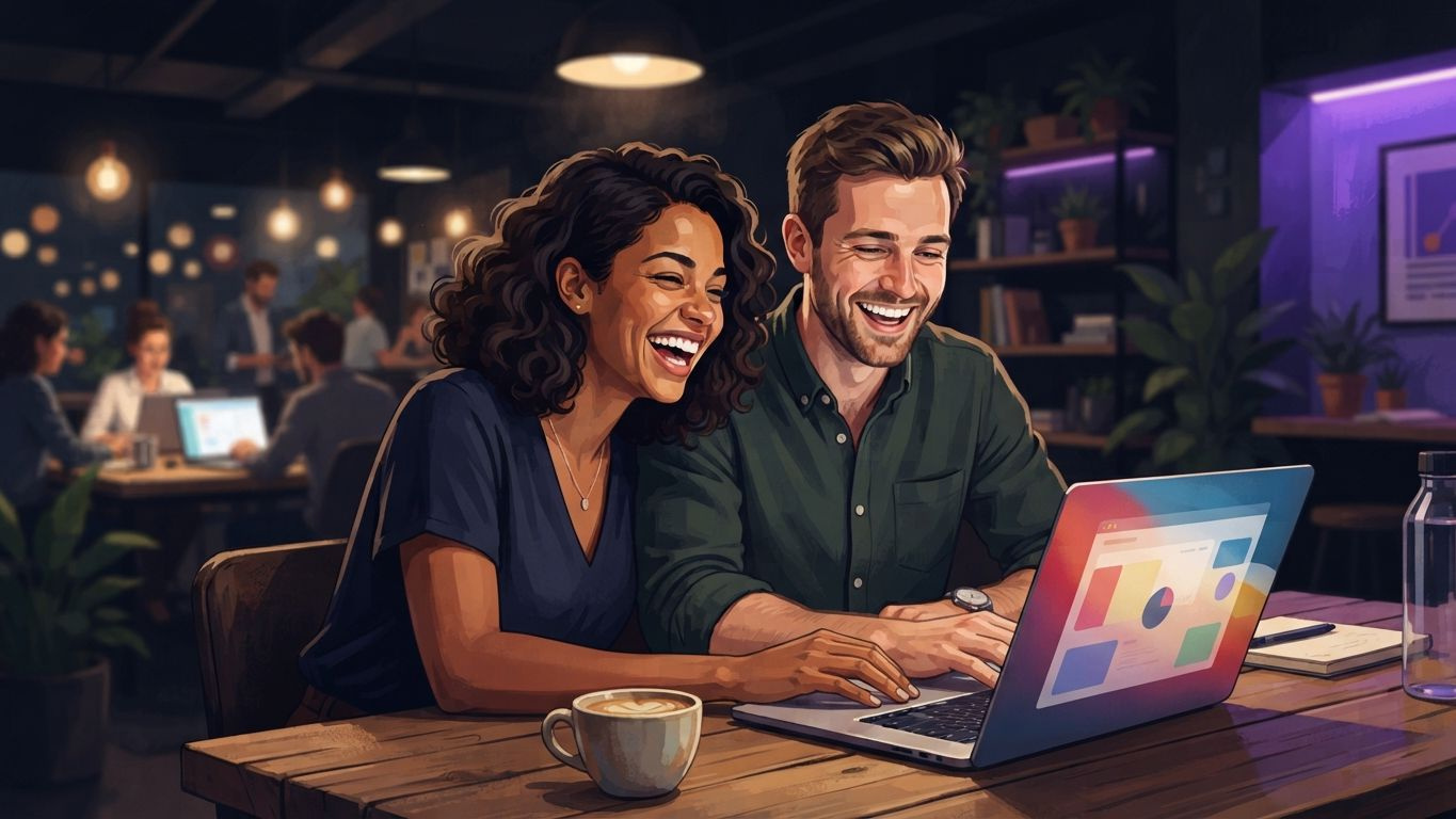 Two colleagues laughing together while looking at a laptop screen in a co-working space
