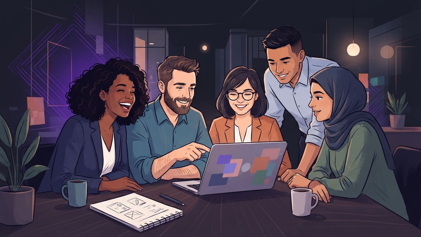A diverse group of employees gathered around a table sharing a laptop and smiling during a casual meeting