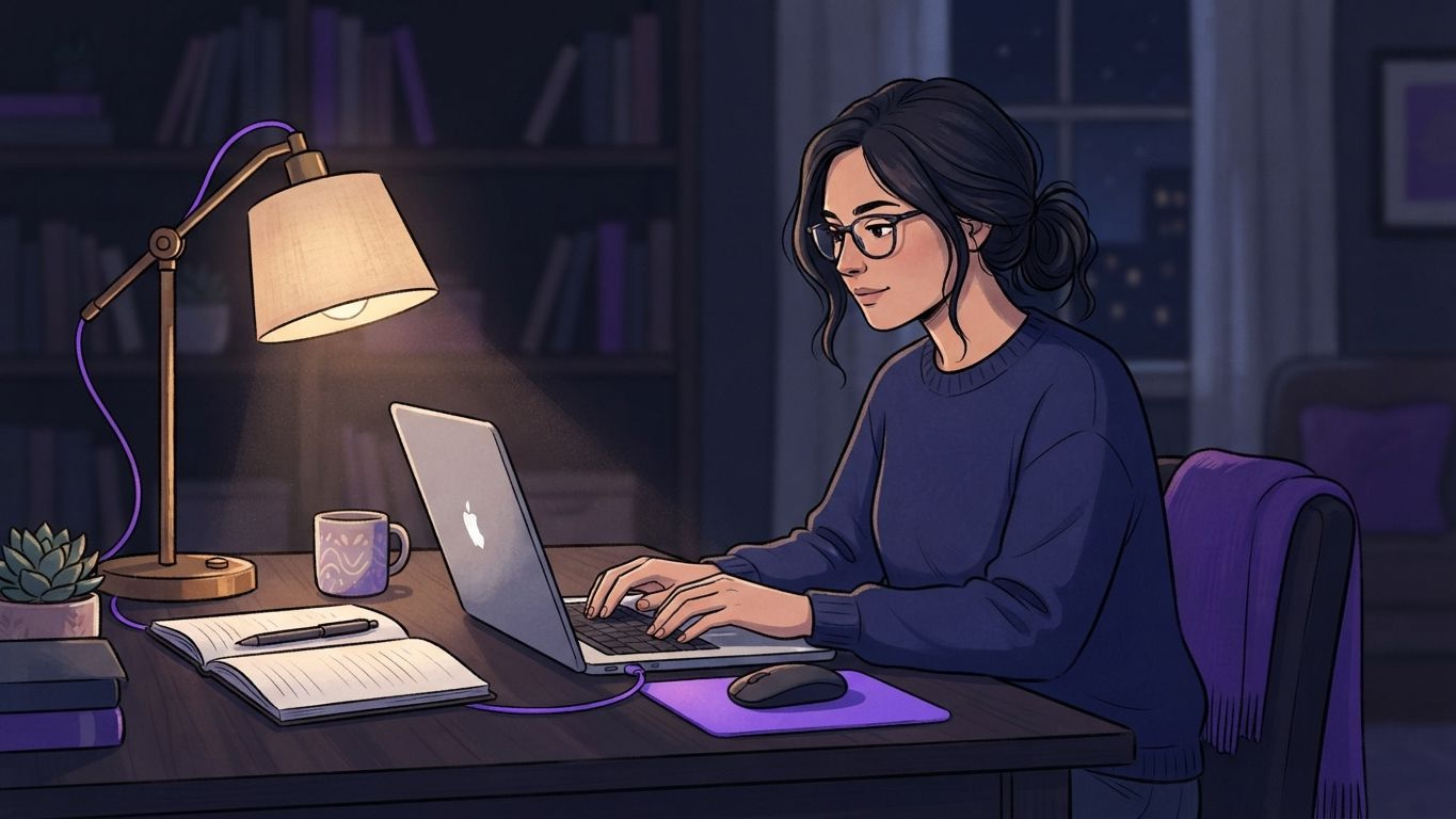 Eine Kommunikationsverantwortliche tippt konzentriert eine Nachricht am Laptop, daneben eine warme Lampe und ein Notizblock