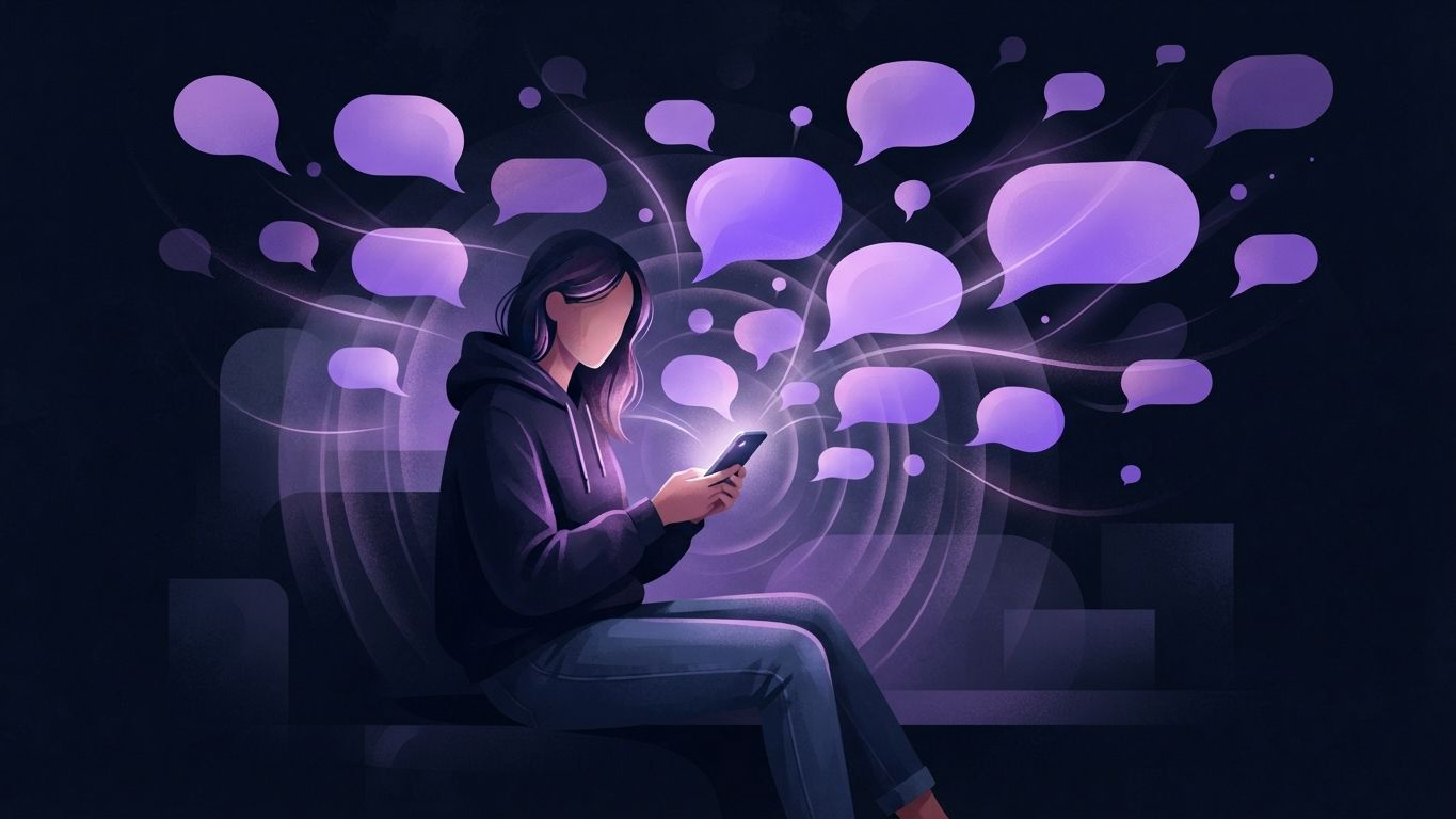Eine Person hält ein Smartphone, um sie herum schweben sanfte violette Sprechblasen und Wellen in einer abstrakten Illustration